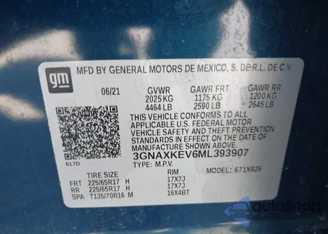 2021 Chevrolet Equinox Fwd Lt из США, поврежденный, VIN 3GNAXKEV6ML393907